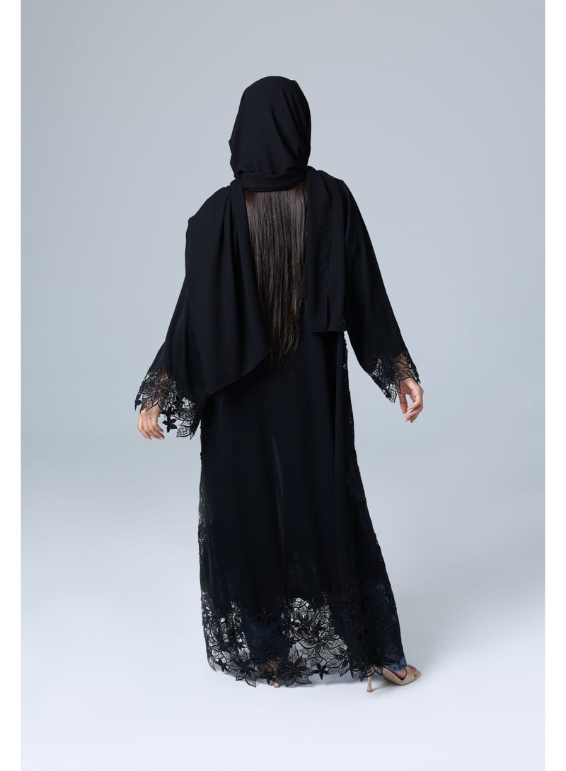 IKKXA Open Lace Design Sleeves and Sides Abaya ABY1143 Black - Image 3